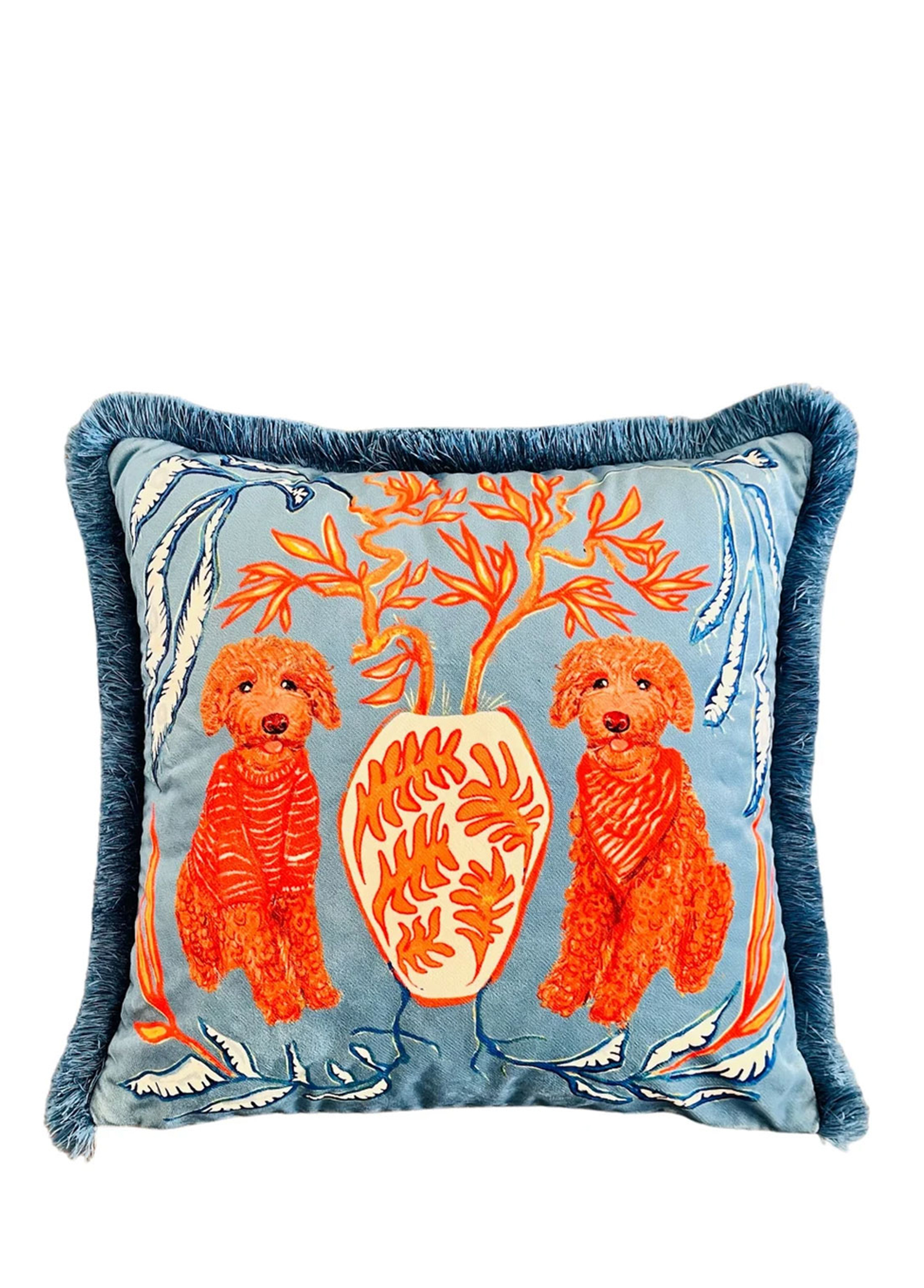 Poodle Köpek Desenli Özel Tasarım Mavi Kadife Kırlent Kılıfı